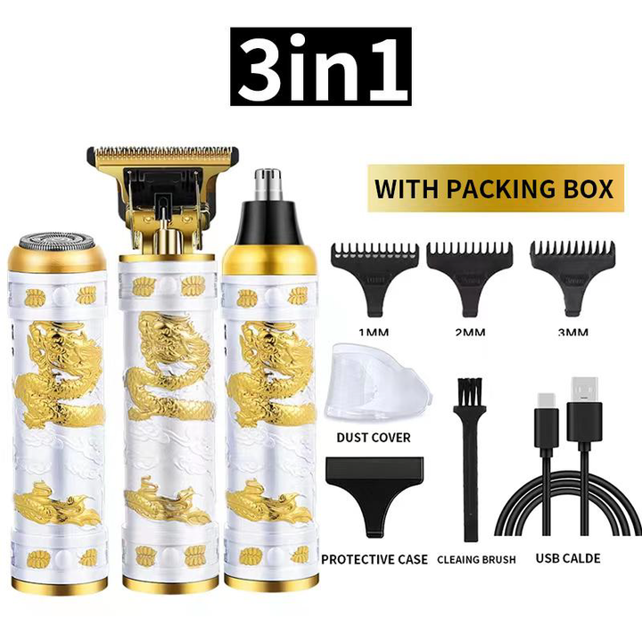 Vintage Dragon Embossed 3-in-1 All-Metal Multi-Grooming Kit in White and Gold