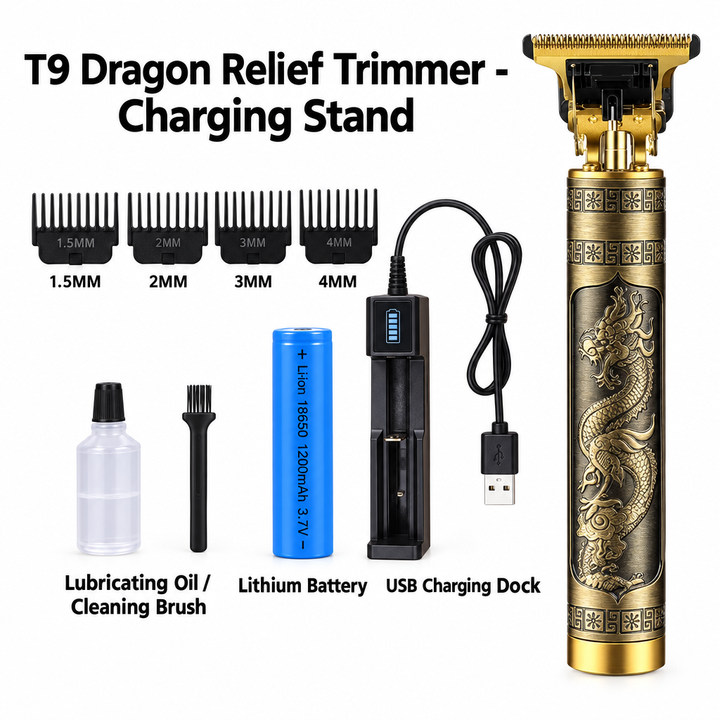 T9 Professional Cordless Hair Trimmer with Charging Stand - Dragon Relief Engraved Edition