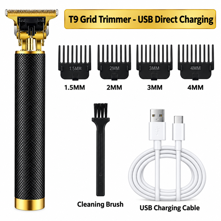 Black T9 Grid Cordless Hair Trimmer with Direct USB Charging Cable