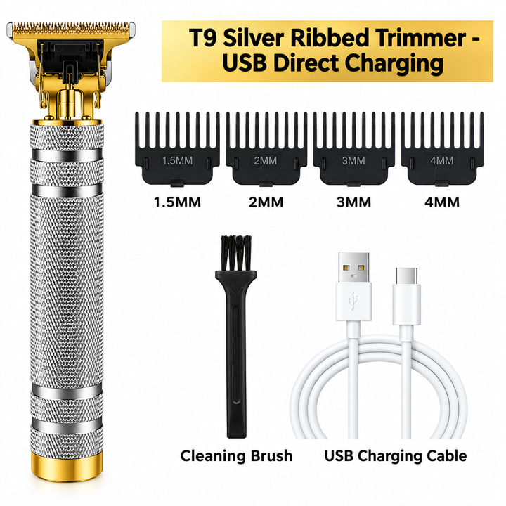 T9 Professional Cordless Hair Trimmer - Silver Ribbed Direct USB Charging Edition