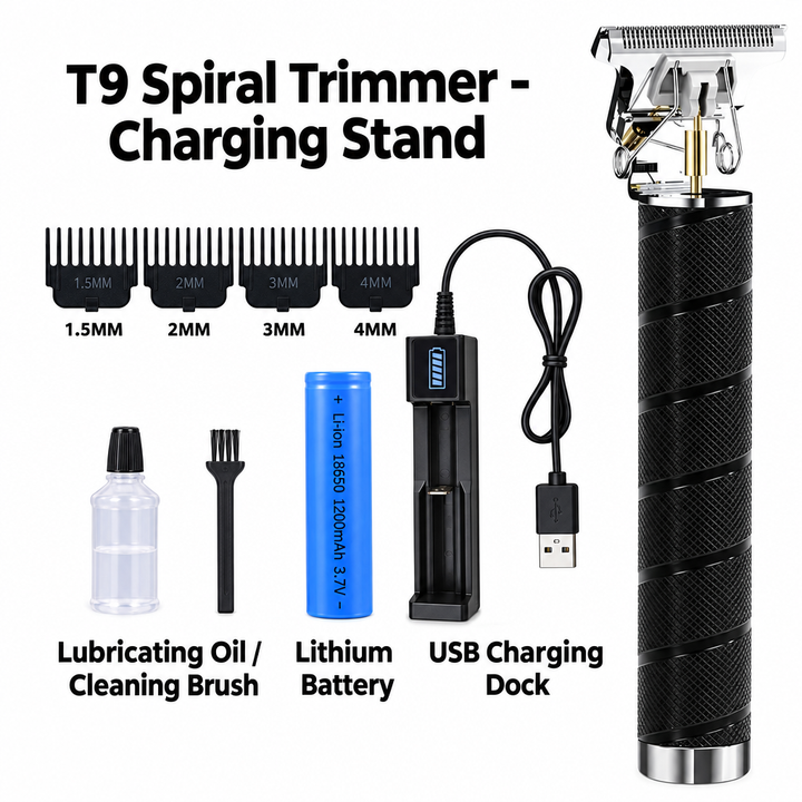 Black T9 Spiral Cordless Hair Trimmer with Charging Stand