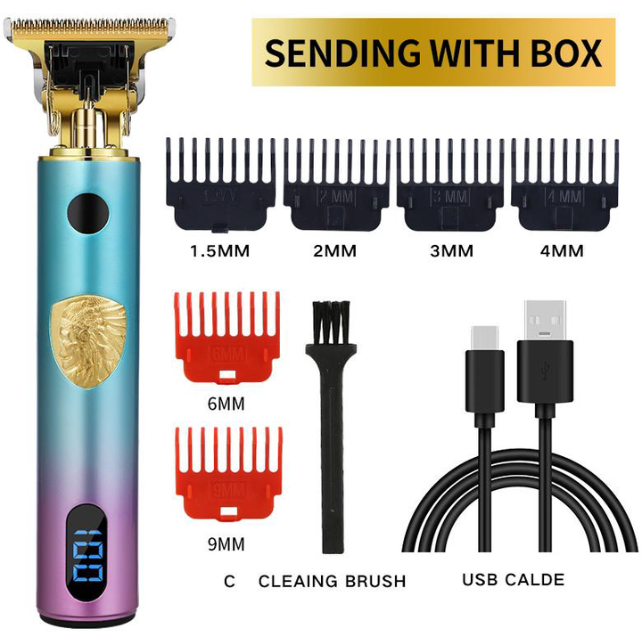 T9 Professional Cordless Hair Trimmer (Rainbow Gradient LCD Edition - 7 Styles)