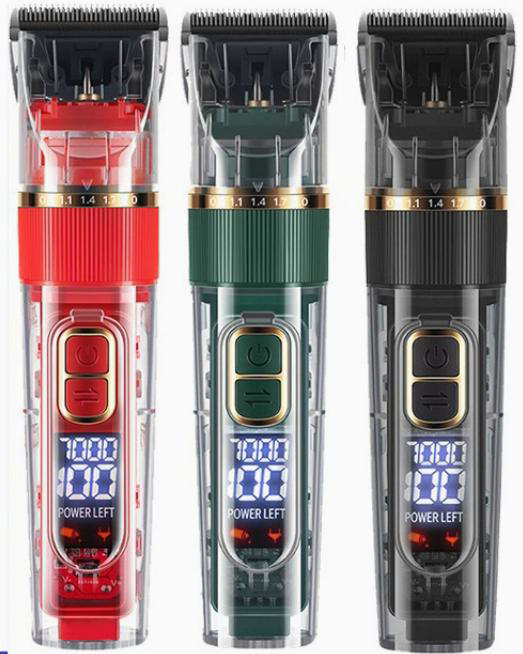 Professional Fully Washable Transparent Cordless Hair Clipper - Red, Green, and Black