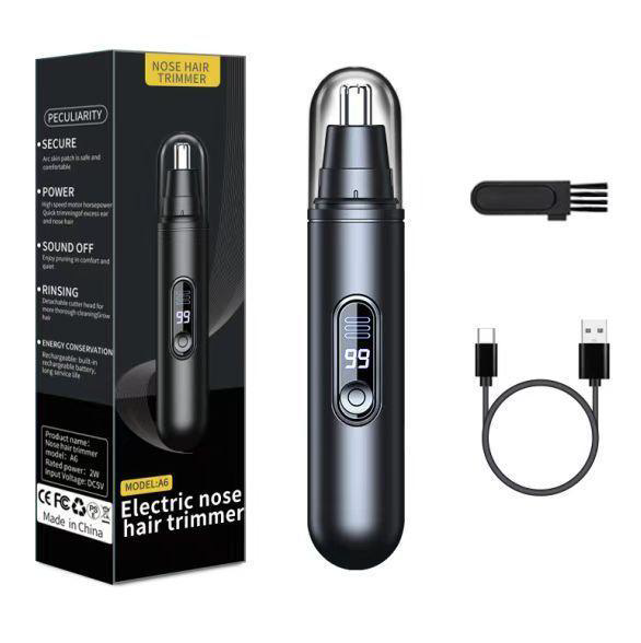 A6 Professional Rechargeable Nose and Ear Hair Trimmer with Digital LED Display in Matte Black