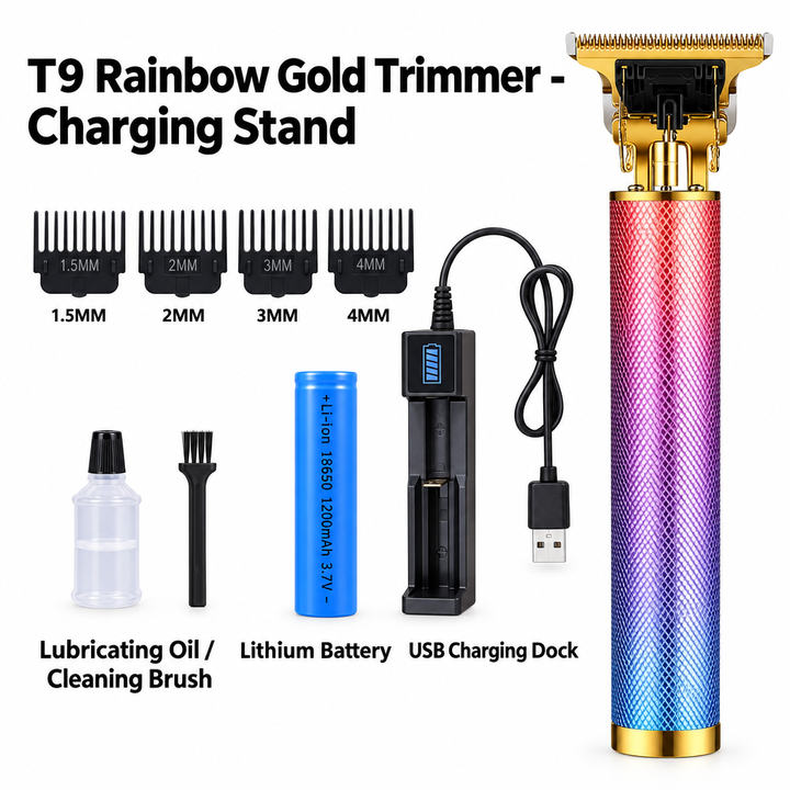 T9 Professional Cordless Hair Trimmer with Charging Stand - Rainbow Gold Gradient