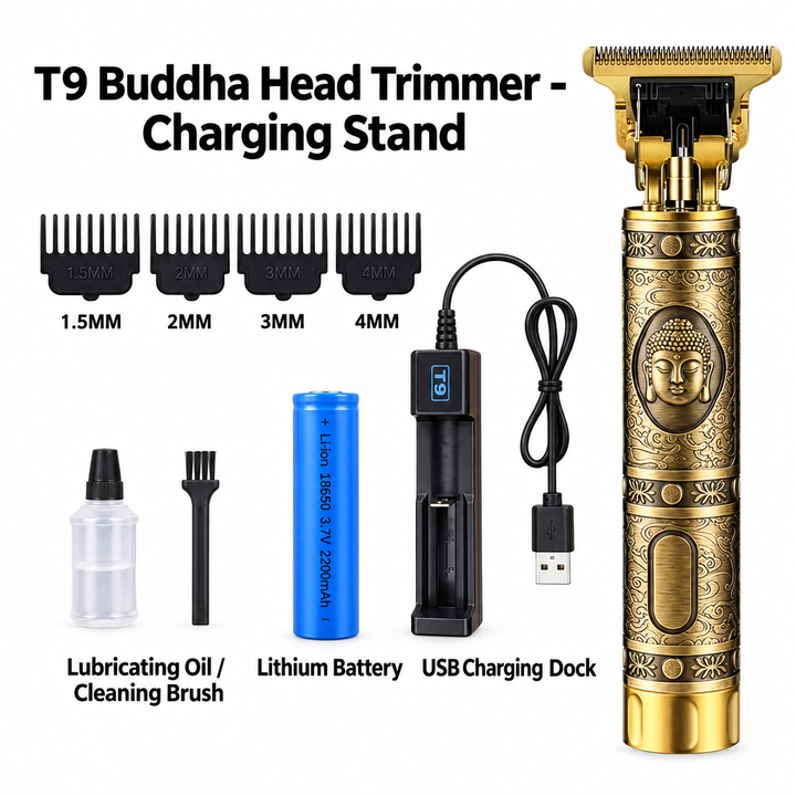 T9 Professional Cordless Hair Trimmer with Charging Stand - Buddha Head Engraved Edition