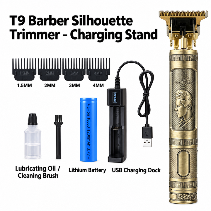 T9 Professional Cordless Hair Trimmer with Charging Stand - Barber Silhouette Engraved Edition
