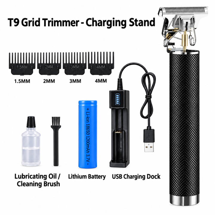 Black T9 Grid Cordless Hair Trimmer with Charging Stand