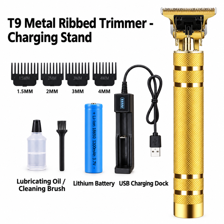 Gold T9 Metal Ribbed Cordless Hair Trimmer with Charging Stand